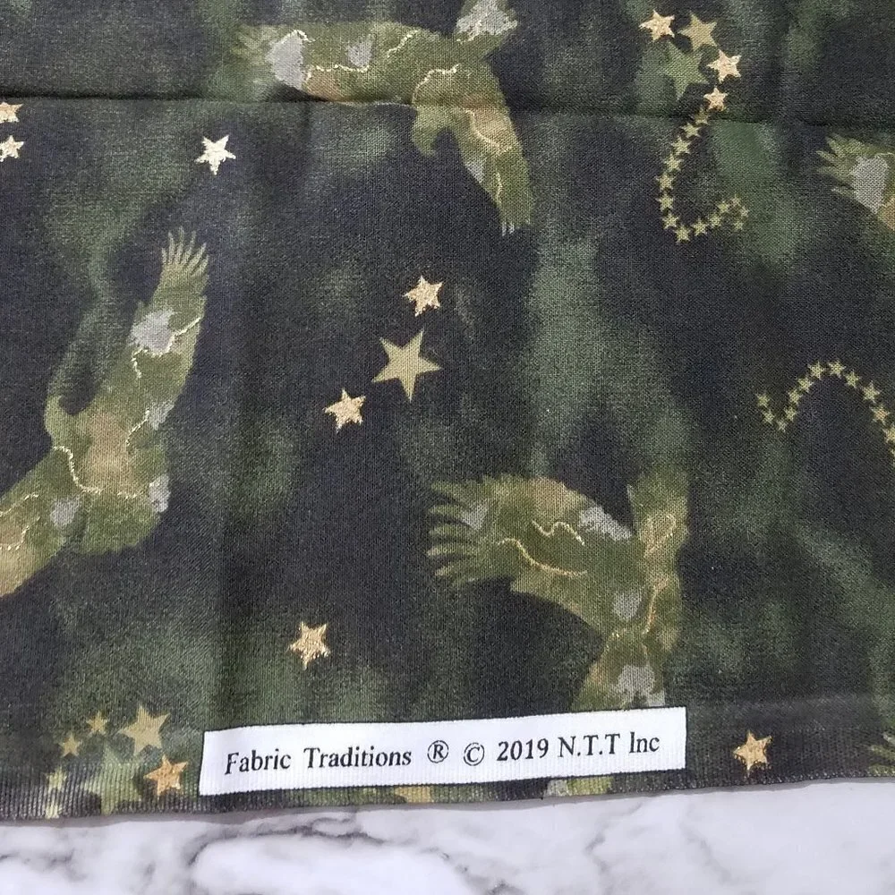 Fabric Traditions Patriotic Camo Eagles Green with Gold Sparkles 34 Inches